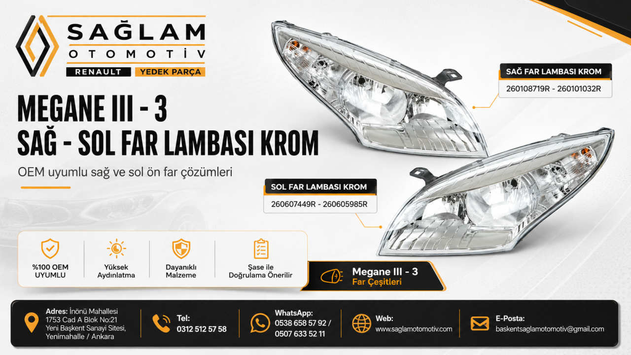 Megane III Sağ ve Sol Far Lambası Krom Rehberi: OEM Kodları, Uyum ve Değişim Bilgileri