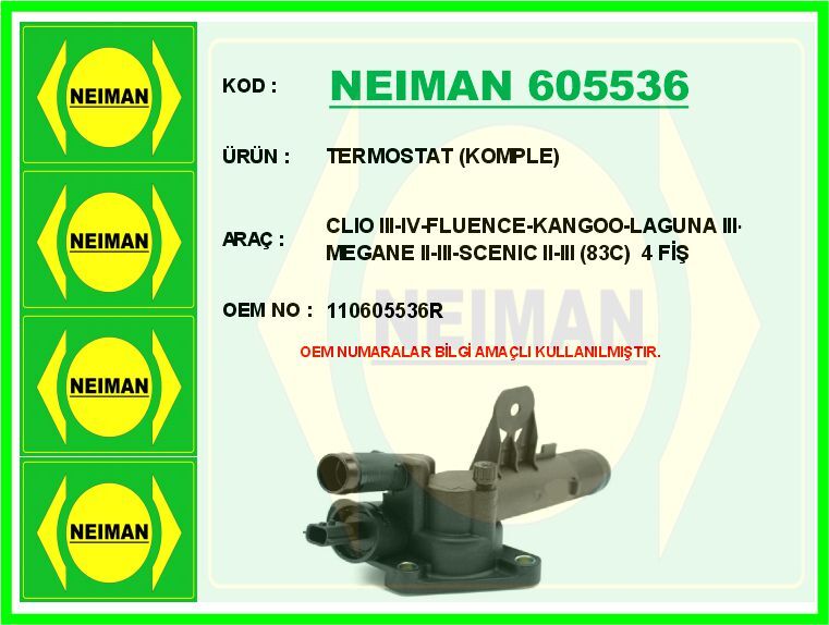 Renault Scenic / Thalia / Captur / Clio / Laguna / Megane / Fluence / Latitude / Kangoo / Symbol / Dacia Duster / Dokker / Lodgy / Sandero / Logan Komple Termostat 83ºC - 110605536R - 110603026R - 8200954328